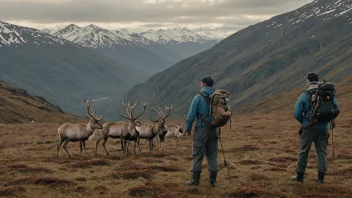 En gruppe mennesker i utendørsutstyr, stående i et fjellandskap med reinsdyr i bakgrunnen.