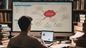 En person som studerer informasjonsvitenskap, omgitt av bøker og papirer, med en tankeboble over hodet sitt som inneholder et diagram av en database.