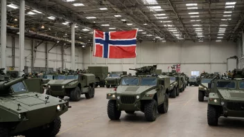 En fabrikk som produserer militære kjøretøy og utstyr, med et norsk flagg i forgrunnen.