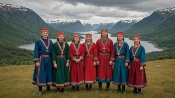 En gruppe samer i tradisjonelle klær, stående foran et storslått norsk landskap.