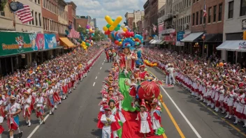 En fargerik og levende parade med ulike vogner, marsjerende band og utøvere, som viser en variasjon av temaer og innhold.