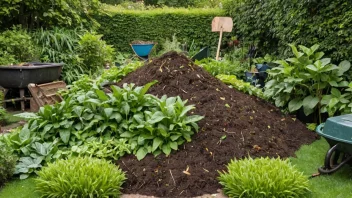 En komposthaug i en hage, omgitt av frodige grønne planter.