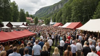 En festlig atmosfære med mennesker i alle aldre som nyter tradisjonell norsk mat, drikke og musikk.