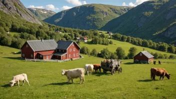 En familie som arbeider sammen på en tradisjonell norsk gård, med et rødt fjøs og grønne marker i bakgrunnen.