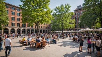 Et levende offentlig torg med en blanding av mennesker i ulike aldre og bakgrunner, som deltar i ulike sosiale aktiviteter, som å chatte, le og spille spill.