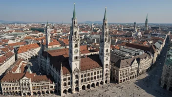 Et naturskjønt bilde av München by med sine historiske bygninger og Alpene i bakgrunnen