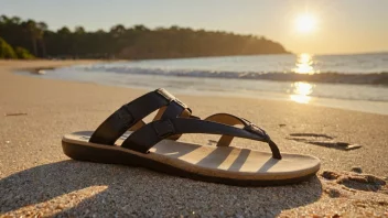 Et par sandaler på en strand med en solfylt bakgrunn