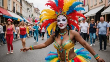 En person i en lys og fargerik kostyme, danser i gaten under et karneval.