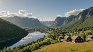 Et pittoreskt norsk landskap med en liten bosetning i det fjerne.