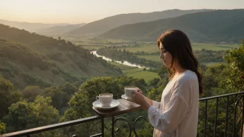 En fredelig morgen scene med en person som nyter en kopp kaffe på en balkong med en vakker utsikt