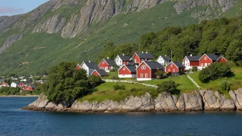 Et fredelig og idyllisk bilde av Byrknesøy, som viser dens naturskjønnhet og tradisjonelle norske arkitektur.