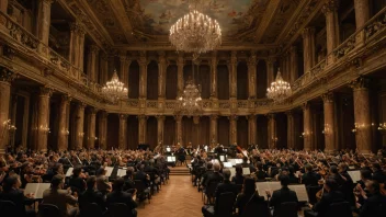 En stor konsertsal med et barokk-orkester som spiller på scenen, omgitt av intrikate detaljer og ornamentale dekorasjoner.