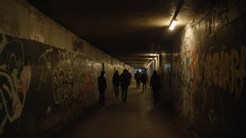 En mørk og mystisk undergrunnstunnel med fargerikt graffiti på veggene, som representerer undergrunnskulturen.