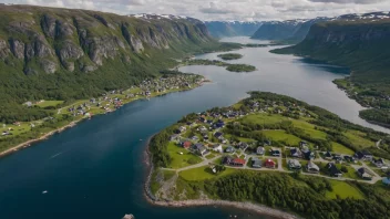 Flyfoto av Elgå i Norge, omgitt av fjell og skog.