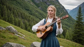 En tradisjonell norsk folkemusiker som fremfører i en naturlig setting.