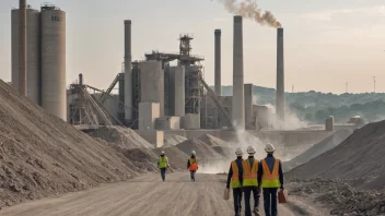 En sementfabrikk med et stort steinbrudd og skorsteiner, med arbeidere som går rundt på området.