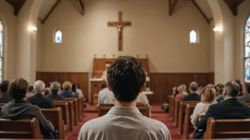 En person som sitter i en kirkebenk, omgitt av andre mennesker, med en diskret bakgrunn av en kirke eller organisasjonslogo.