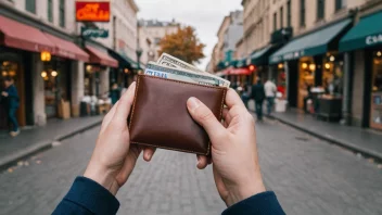 En person som holder en lommebok med penger og kredittkort, med en bakgrunn av en by med butikker og restauranter.