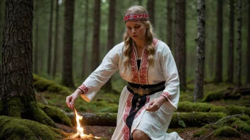 En person som utfører en magisk rituale i en skog, omgitt av tradisjonelle norske symboler.