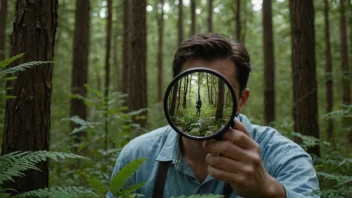 En person søker etter noe i en tett skog