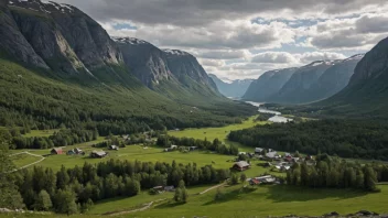 Et pittoreskt norsk landskap med en liten landsby nede i dalen.