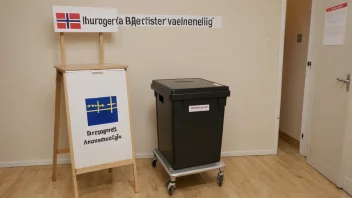 En stemmeboks med en urne og et skilt som sier 'Borgermestervalg' på norsk.