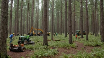 En skog med en blanding av unge og gamle trær, med mennesker som arbeider i bakgrunnen.