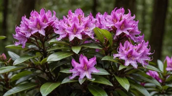 En vakker rododendronplante med stunnende lilla blomster og mørkegrønne blader.