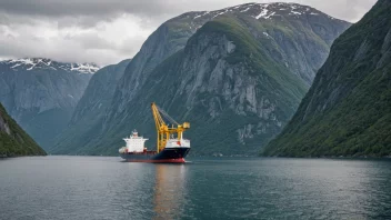 Et lasteskip som seiler gjennom en fjord i Norge.