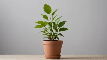 En liten potteplante med grønne blader og en liten stamme.