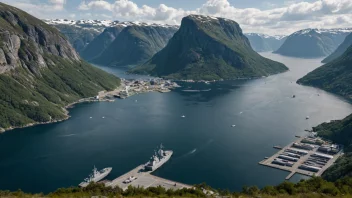 En orlogsstasjon i Norge med krigsskip og en fjordlandskap.