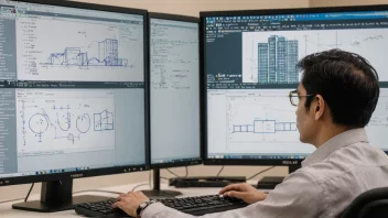 En bygningsingeniør som arbeider på en datamaskin med matematiske ligninger og diagrammer av bygninger på skjermen.