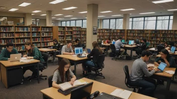 En bibliotekskole med studenter som lærer og arbeider på datamaskiner.