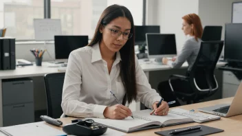 En person i en arbeidsmiljø, tar notater og samarbeider med kolleger.