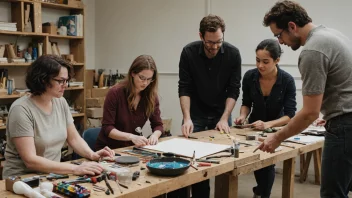 En gruppe kunstnere som samarbeider og deler erfaringer i en atelier eller verksted.