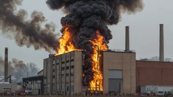 En ødeleggende industribrann med flammer som omslutter en fabrikkbygning