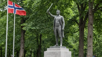 En statue av Henrik Wergeland, en norsk forfatter og samfunnsaktivist, som står i en park med et norsk flagg i bakgrunnen.