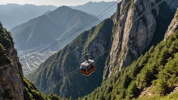 Et taubanesystem i et fjellområde, med vogner suspendert fra kabler og mennesker eller varer som transporteres.