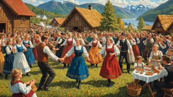 En fargerik og livlig illustrasjon av en tradisjonell norsk høstfest, komplett med mennesker i alle aldre som danser, spiser og feirer sammen.