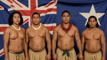 En gruppe samoanere i tradisjonelle klær, stående foran en samoansk flagg