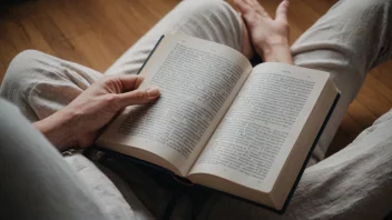 En person som sitter i et bibliotek og leser en bok med mye tekst og illustrasjoner