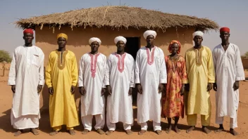 En gruppe mennesker fra Tchad, kledd i tradisjonelle klær, stående foran en tradisjonell tchadisk bygning.