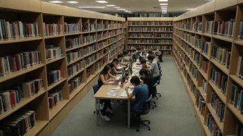 Et universitetsbibliotek med en rolig atmosfære, studenter som studerer ved bord, og bøker på hyller.