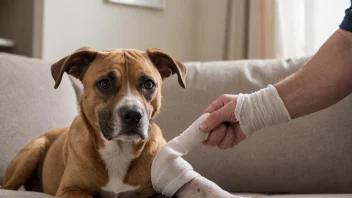 En person med en bandasjert arm og en hund i bakgrunnen.