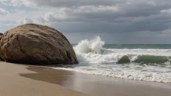 En stor stein på en strand med bølger som slår mot den