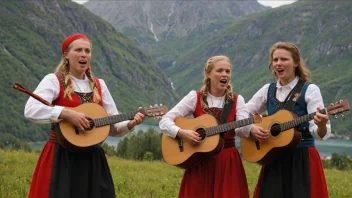 En gruppe mennesker som spiller tradisjonelle norske instrumenter og synger sammen