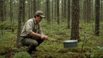 En person som bruker en snare for å fange et dyr i en skog.