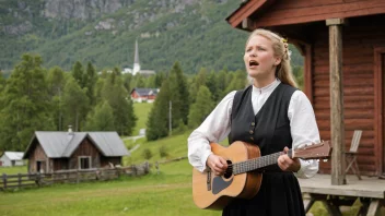 En kvinne i tradisjonell norsk klesdrakt synger en folkesang i et landlig landskap.