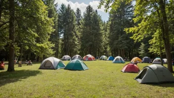 En naturskjønn campingplass med telt og utendørsentusiaster.