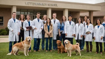 En veterinærhøyskole med studenter og dyr.